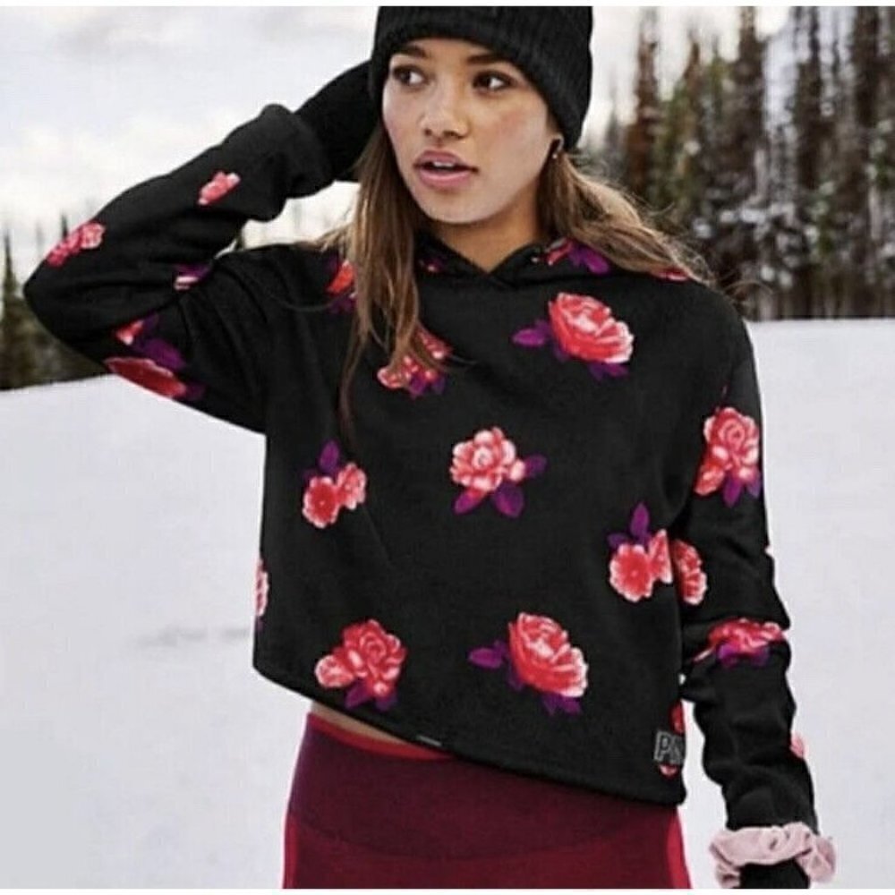 PINK Victoria's Secret Woman's Sz S Black Floral Knit Cropped Hoodie Sweatshirt